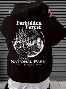 Unisex Graphic Hoodie With Pocket, Hooded Polyester Sweatshirt With Geometric Forest National Park Print, Casual Knit Fabric With Slight Stretch, Regular Fit - Ideal For Spring And Autumn,Fall Hoodies,Men's Fall Clothes,Street Wear,Halloween,Mens Hoodies,Y2k Clothes,Jesus Hoodie,Thanksgiving Day,Nightmare Before Christmas,Christmas - Black - View 1