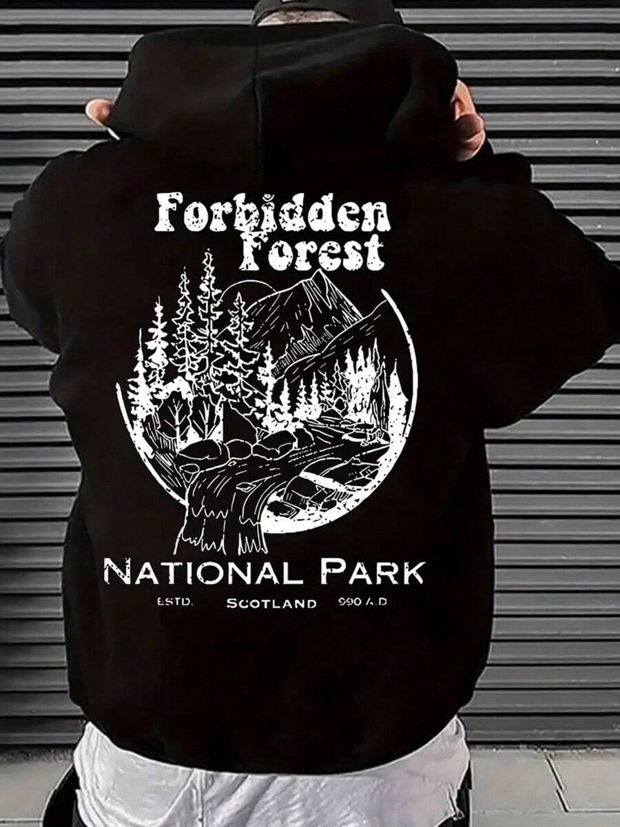 Unisex Graphic Hoodie With Pocket, Hooded Polyester Sweatshirt With Geometric Forest National Park Print, Casual Knit Fabric With Slight Stretch, Regular Fit - Ideal For Spring And Autumn,Fall Hoodies,Men's Fall Clothes,Street Wear,Halloween,Mens Hoodies,Y2k Clothes,Jesus Hoodie,Thanksgiving Day,Nightmare Before Christmas,Christmas - Black - View 1