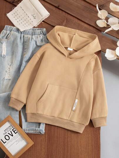 年轻男孩时尚可爱纯色休闲英伦印花长袖卫衣，柔软舒适毛绒，休闲百搭 - 街头酷炫风格，适合秋冬季户外活动、聚会、派对、上学、跑步、骑自行车和日常穿着