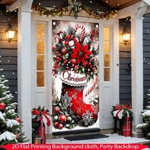 Bandera plana de puerta 2D, 1 pieza, decoración navideña, bandera de puerta con calcetín de caramelo, tela de poliéster duradera, con diseños de copos de nieve, bastones de caramelo y acebo, adecuada para la puerta principal, el porche, decoraciones navideñas interiores y exteriores, adecuada para Navidad, Año Nuevo, decoraciones de puerta de fiesta, colgantes de puerta, cortinas de puerta