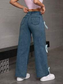 Women's Casual And Fashionable Loose Straight Leg Jeans, Paired With Bow Decorations, Charming And Beautiful, Suitable For All Seasons, Mid Waist Shooting, Suitable For Parties/Dances, Parties, Birthday Parties, Banquets, Nightclubs, Nightclubs, Music Festivals, Concerts - 寶藍色 - 查看 4
