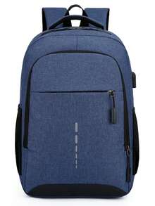 Mochila casual de moda para hombres con diseño de tira reflectante y USB a prueba de agua - Azul - Ver 10