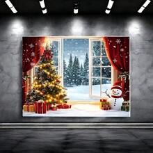 1 pieza de Fondo plano 2D de Navidad. Diseño de fondo con árbol de Navidad, muñeco de nieve y ventana de piso a techo. Tela de poliéster duradera, adecuada para decoración de pared interior, fondo de fotografía, decoración navideña exterior, estudio fotográfico, decoración de fiesta interior