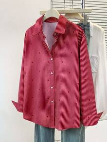 Women's Heart Print Polo Collar Striped Shirt - Casual Button Down Long Sleeve Blouse, Suitable For Spring, Summer, Autumn Daily Wear - Burgundy - View 2