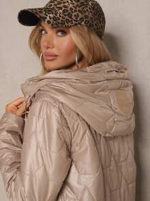 Zip Up Drawstring Hooded Boxy Quilted Coat - Khaki - View 5