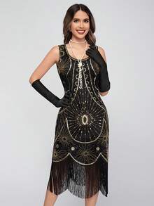 فستان مرصع بالترتر طراز 1920 أوروبي وأمريكي، فستان كرة فاخر مزين بالخرز والشراريب، فستان عبر الحدود