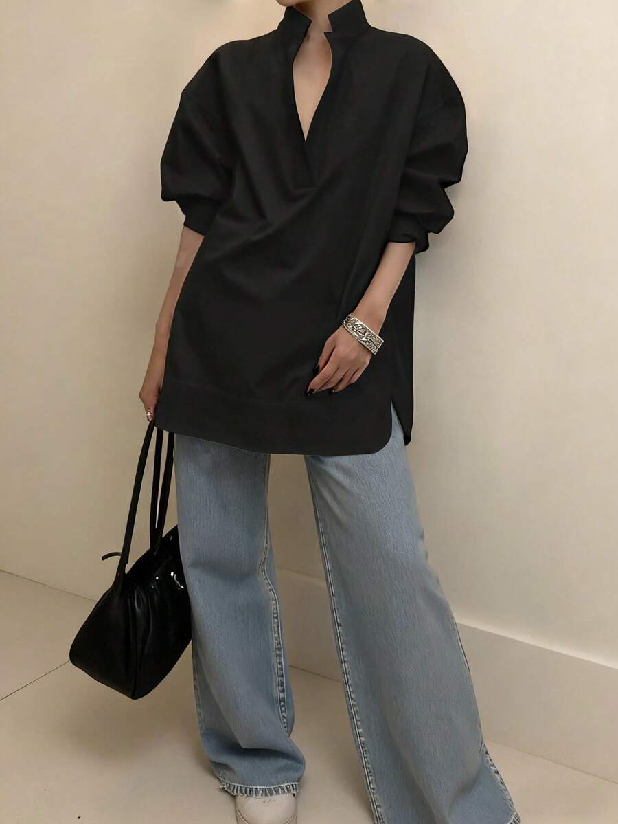 女士时尚休闲百搭长袖衬衫,不对称下摆纯色翻领性感简约办公室衬衫,时尚女士翻领黑色涤纶薄纱长袖衬衫,春季款 - 黑色 - 查看 1