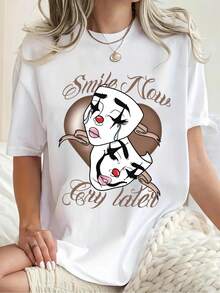 Plus Size Women's Casual T-Shirt Women's Smile Now Cry Later Clown Face Graphic Print For Everyday Wear 220g