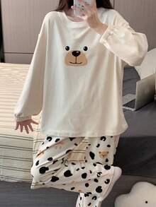 两件套女士抓绒蓬松睡衣套装，可爱小熊图案，秋冬季保暖睡衣，秋季服装 - 杏色 - 查看 6