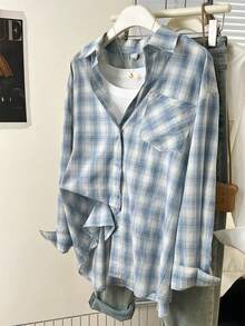 YUXIN Retro Blue Plaid Long Sleeve Chic Loose Fit Shirt For Women, Unique Design, Autumn