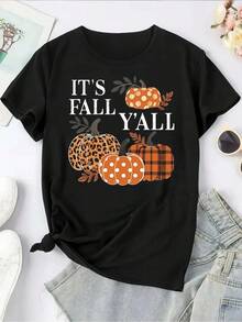 Camiseta de manga corta para damas con estampado de patrones, top de cuello redondo suelto y casual, se puede lavar aáquina para comodidad durante las cuatro estaciones. - Negro - Ver 6