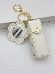 1pc Solid Color PU Leather Lipstick Holder (With Heart-Shaped Mirror) - Women's Makeup Keychain. Back To School Lipstick Holder With Heart-Shaped Mirror, Multiple Colors Available, Women's Makeup Bag, Heart-Shaped Bag Charm Fashion Keychain Pendant, Wallet, Handbag, Bag Accessory. Suitable For Parties, Weddings And Dances. Make Up Bag - White - View 22