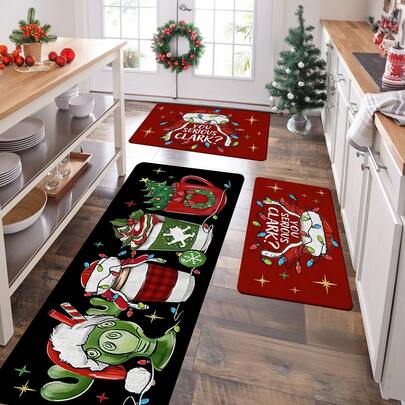 1/2/3pcs Thickened 0.47inch/1.2cm Christmas Kitchen Mat, Christmas Decor, Absorbent Non-Slip Kitchen Floor Mat, Hallway Runner, Bedroom Bedside Rug, Soft Comfortable Flannel Kitchen Carpet, Room Decor, Home Decor