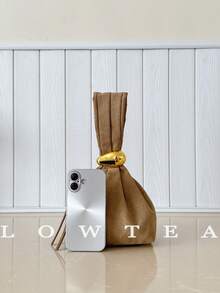low tea 1pc Solid Color Suede Fabric Handbag For Women, Personalized Mini Cloud Pleated Bag With Metal Decor Zipper Closure, Suitable For Daily And Outing Use - Khaki - View 4