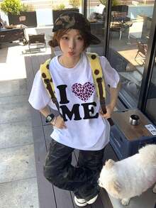 Heart Print Short Sleeve T-Shirt, Casual Loose Versatile Fashion Top, New Summer Collection White - White - View 3