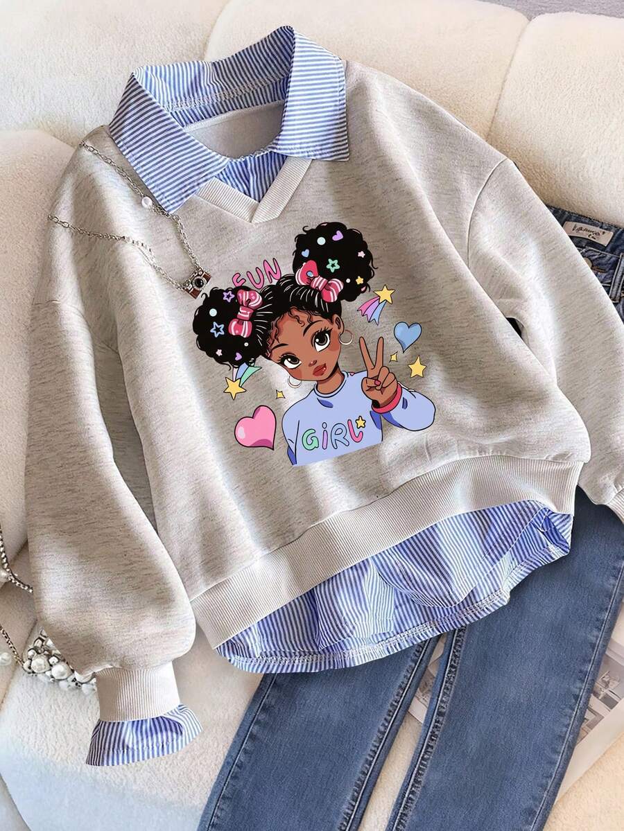 Tween Girl Letter Graphic Print Warm 2 In 1 Sweatshirt - Light Grey - View 1