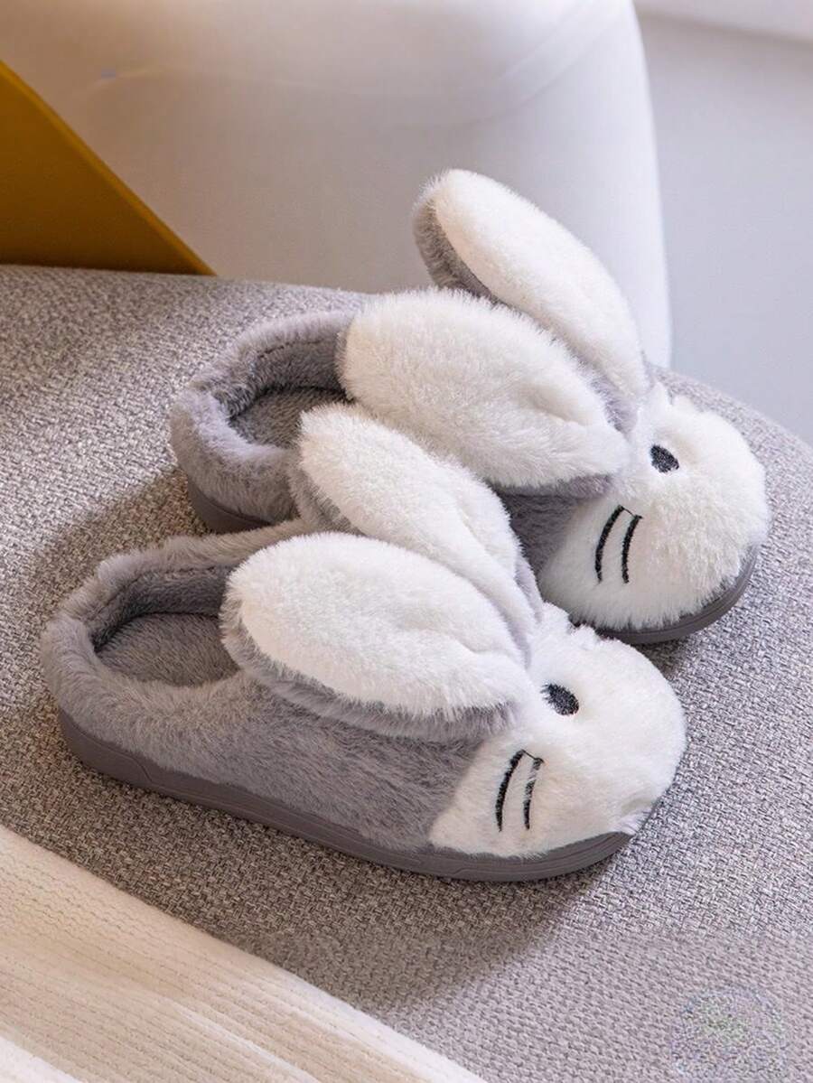 Kids Cute Rabbit Ear Warm Plush Slippers, Autumn/Winter - Grey - View 1