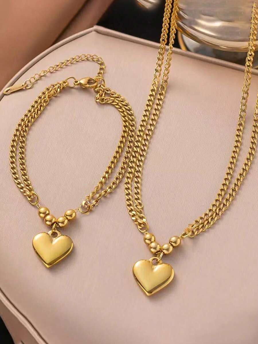Multi-Layer Gold Heart Pendant Necklace & Bracelet Jewelry Set For Women, Stainless Steel Everyday Wear & Gift - Yellow Gold - View 1