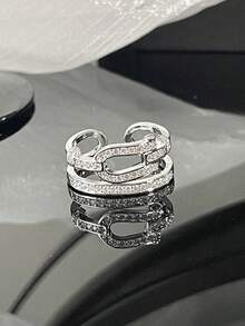 1 pieza Anillo de piedra de circonia de cobre elegante y de moda, diseño de nudo de bloqueo, anillo abierto minimalista unisex