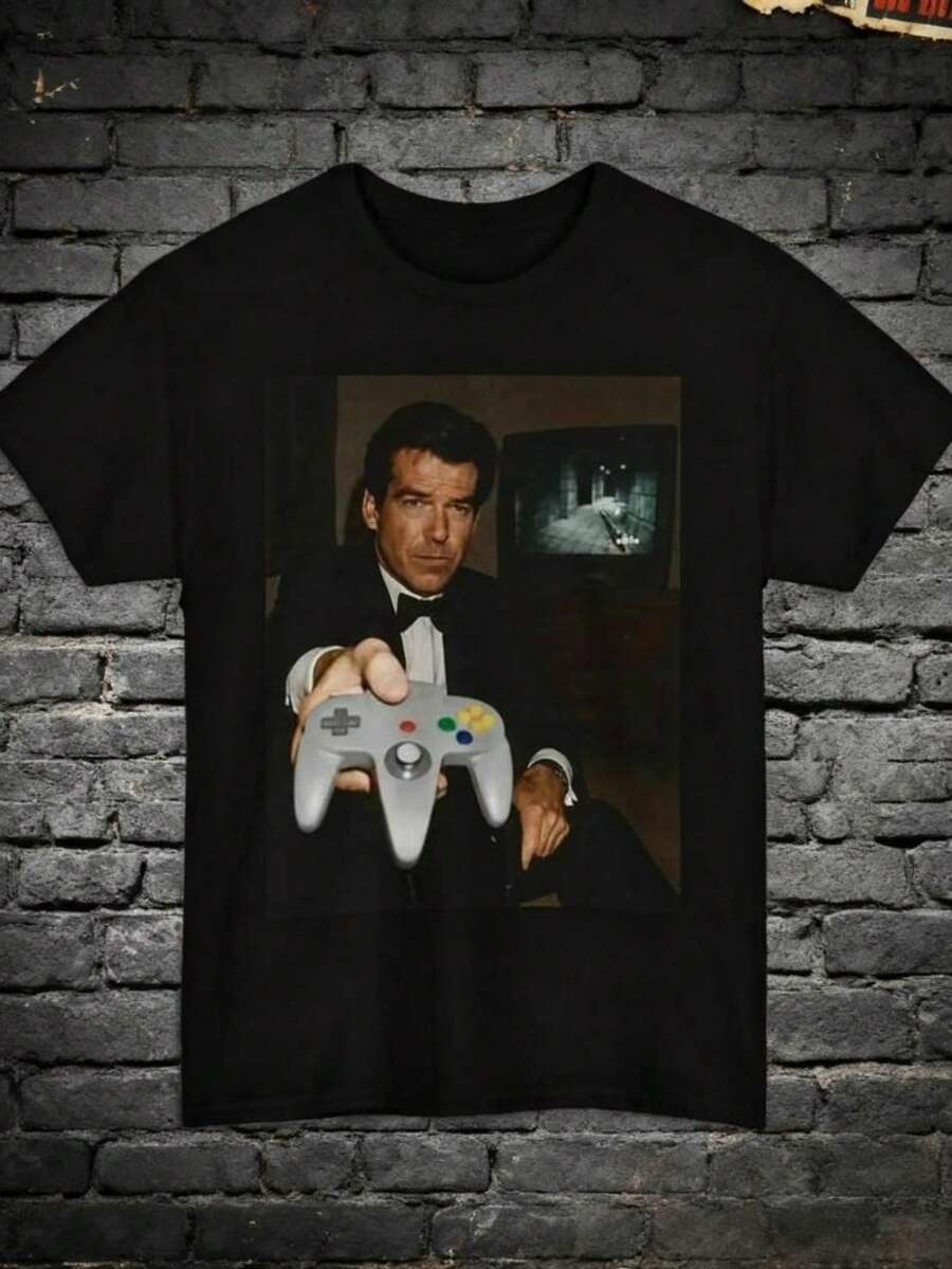 Cotton Men's T-Shirts, Retro Gaming T-Shirts, Vintage Video Game Shirts, N64, 007 James Bond, Play, Graphic T-Shirts, Fan Gifts, Casual Hip-Hop Fashion, Street Style Men's Clothing, Millennial Men's Crew Neck Short-Sleeved Tops - 黑色 - 查看 1