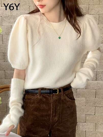 女款白色拼布袖针织毛衣，可爱蓬松设计，秋冬