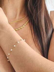 1pc Dainty Faux Pearl Chain Bracelet Stainless Steel Minimalist Elegant Pearl Beaded Bracelet For Women Wedding Jewellery, Bridesmaid Gift, Mothers Day Gift(Random Pearl Quantity) - Vòng đeo tay - Xem 2