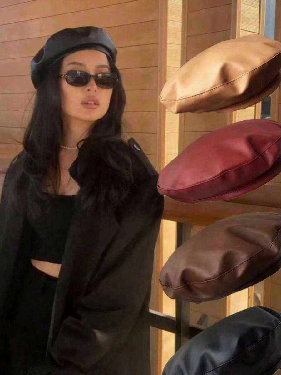 1顶女士贝雷帽，黑色平顶贝雷帽，多功能PU材质油漆工帽，南瓜帽，秋冬黑色贝雷帽 - 彩色 - 查看 1