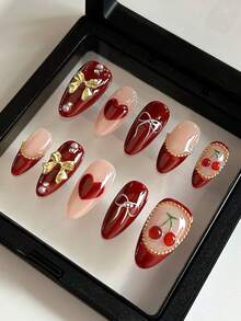 10 件红色杏仁手工按压指甲，中长，手绘红色爱心，3D 樱桃和蝴蝶结装饰，手工假指甲，红色法式指尖配金色小钢球，适合女孩和女士秋冬日常、派对、新年、圣诞节指甲装饰 - 紅色 - 查看 3