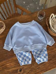 Bộ 2 áo nỉ dài tay cổ tròn màu trơn đơn giản cho bé trai và quần dài kẻ caro, mùa xuân/thu - Màu xanh lam - Xem 4