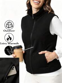 Women's Wool Vest Jacket, Warm & Soft, With Zipper Pockets, Sleeveless, Thermal Lined & Thickened,Winter - Black - View 1