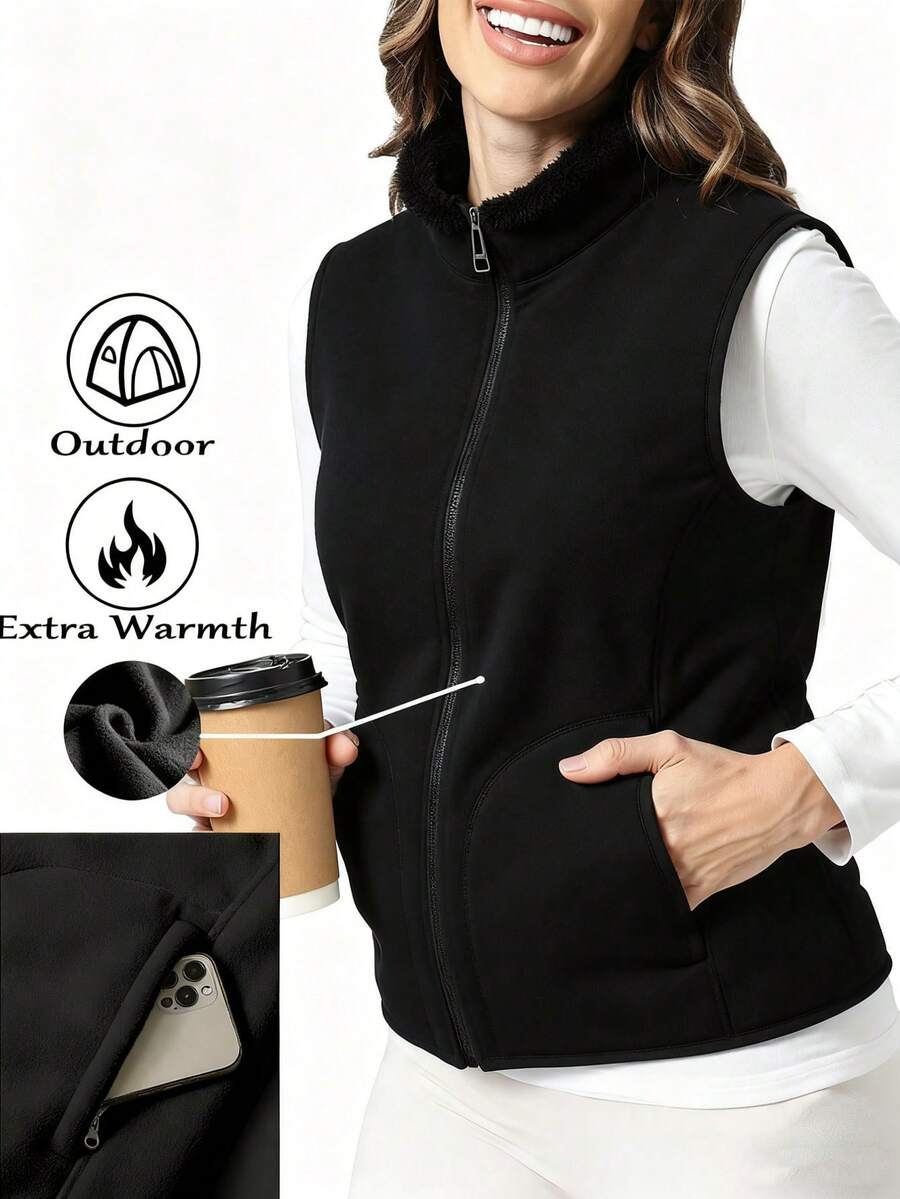 Women's Wool Vest Jacket, Warm & Soft, With Zipper Pockets, Sleeveless, Thermal Lined & Thickened,Winter - Black - View 1