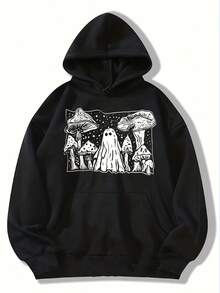 Sudadera con capucha de mujer para Halloween con estampado de fantasmas - Poliéster ligero para otoño/invierno, manga larga, cordón, bolsillo canguro, diseño de setas blancas y noche estrellada, color negro. - Oscuro - Ver 3