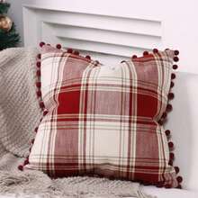 Christmas Linen Look Plaid POMPOM Cushion Cover - Red - View 8