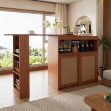 Tavolino laterale estensibile con contenitore, intreccio in rattan sui frontali, ripiani regolabili, tavolo alto, tavolo da bistrot, tavolo alto, isola da cucina, tavolo da cucina, piccolo bar per la casa (138-193*39*104cm)