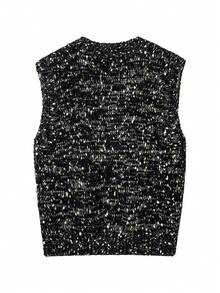 Colete feminino de malha brilhante com decote em V, adequado para encontros noturnos, outono/inverno