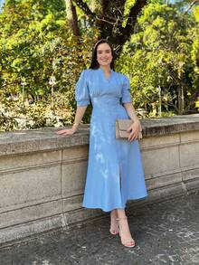 MARRANT PLAIN MIDI DRESS Simple Button Contrasted Waist WOMEN'S SUMMER FASHION - Baby Blue - View 7