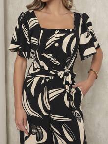 Long Jumpsuit Thermal Print All-Over Print Polyester Embroidery With Belt Buttons Shipping Zipper Birthday Party Dating Spring Summer - 黑色 - 查看 5