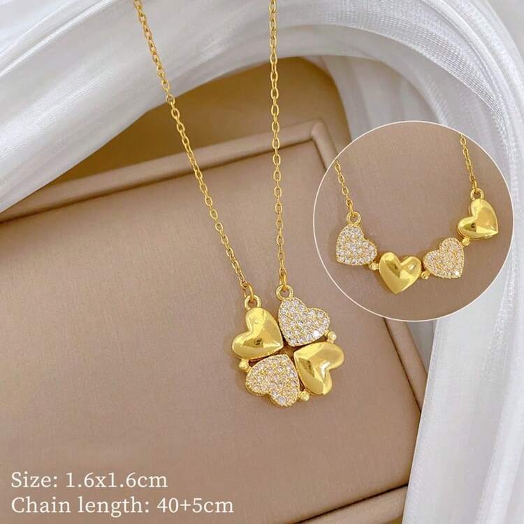 1 chiếc vòng cổ thép không gỉ Heart-To-Heart, vòng cổ bằng đồng không phai màu đính đá toàn bộ cho phụ nữ, vòng cổ choker đa năng hình lá cỏ ba lá, trang sức quà tặng cho các cặp đôi - vòng cổ - Xem 5