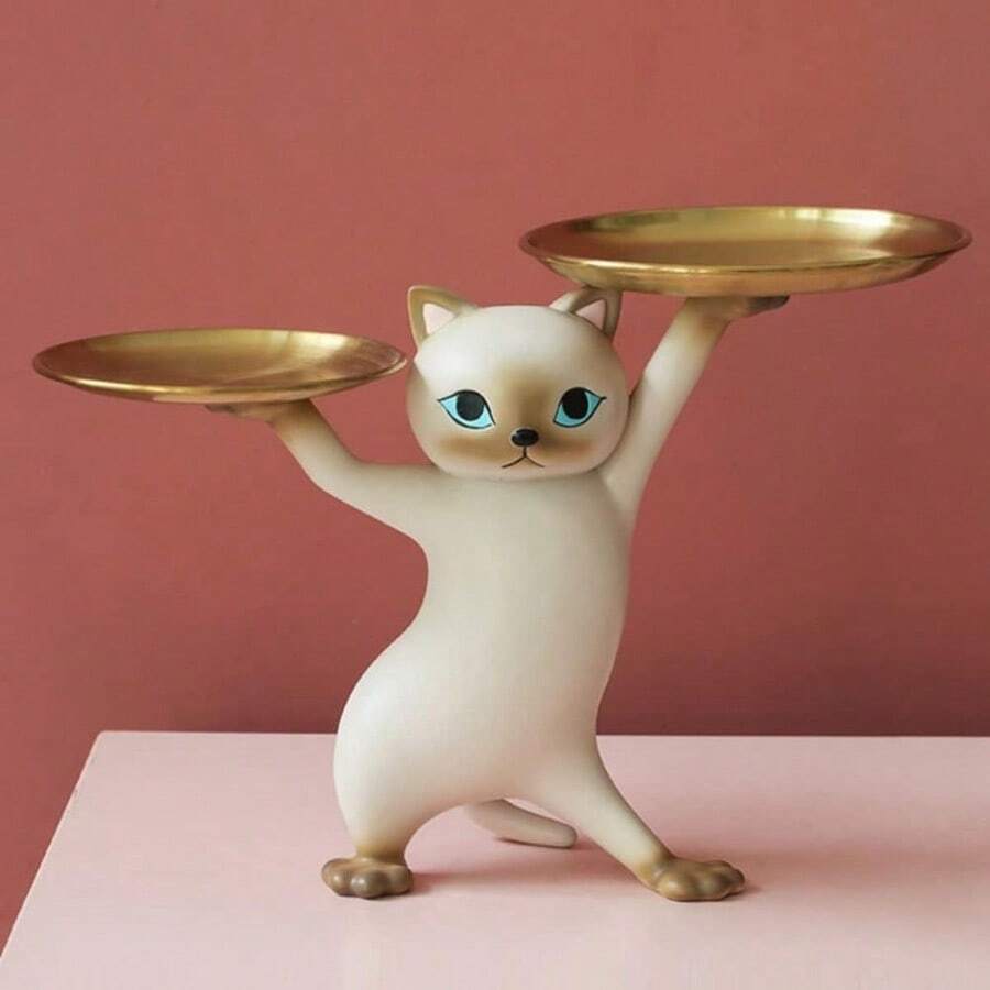 Resin Cat Decorative Tray Figurine Enchanting Dancing Funny Statue For Home Bedroom Office Entrance Table Decor Sculpture For Candy Snacks Key Gadgets Storage Gray