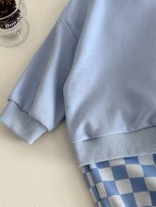 Bộ 2 áo nỉ dài tay cổ tròn màu trơn đơn giản cho bé trai và quần dài kẻ caro, mùa xuân/thu - Màu xanh lam - Xem 9