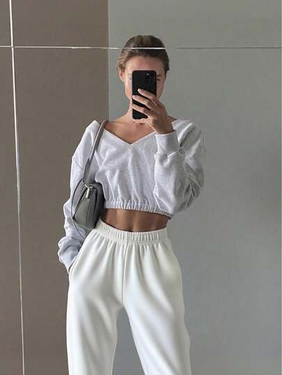 Women's Fashion Off-Shoulder Short Sweatshirt, Suitable For Fitness, Dancing, Casual Wear, Autumn/Winter Loose Crew Neck Pullover, Two Ways To Wear