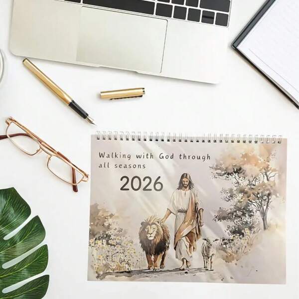 Calendário de parede inspirador cristão 2026 - Caminhando com o Leão e o Cordeiro, arte religiosa, reflexões diárias sobre as escrituras, planejador mensal com ganchos para pendurar - decoração de escritório doméstico com base na fé, presente espiritual para cristãos (versículo bíblico incluído), arte de parede inspiradora, design com base na fé, arte de parede durável, impressão de alta qualidade, presentes com base na fé, planejador devocional, impressão premium, comunidade de fé, perfeito para decoração de quarto, decoração de casa, decorações de Natal