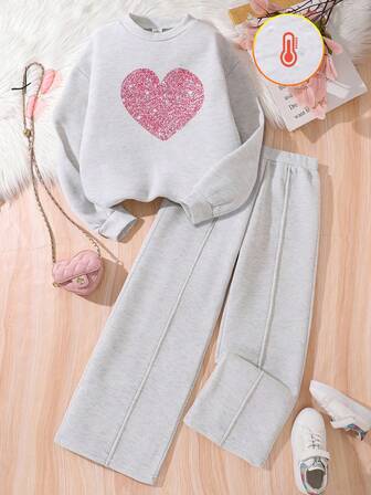 Left Mama 2 件 Tween 女童花卉印花长袖上衣和直筒裤套装，保暖内衬，适合秋冬季