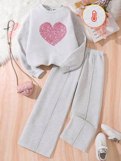 Left Mama 2 件 Tween 女童花卉印花长袖上衣和直筒裤套装，保暖内衬，适合秋冬季