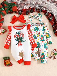 2pcs/Set Baby Girls' Christmas Element Print Long Sleeve Jumpsuit With Headband - Multicolor - View 1