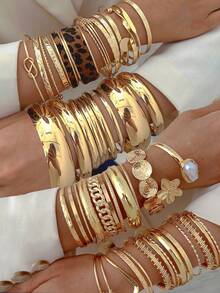 15 件/9 件/6 件/3 件/1 件复古时尚优雅金属多元素复古几何不对称仿珍珠五瓣花蝴蝶结圆形波浪结多层线交叉镂空宽开可调节手链和手镯套装，简约个性化夸张奢华高端珠宝适合女性情侣节日派对婚礼约会日常穿着多功能（根据图片随机款式发货） - 金黃色 - 查看 14