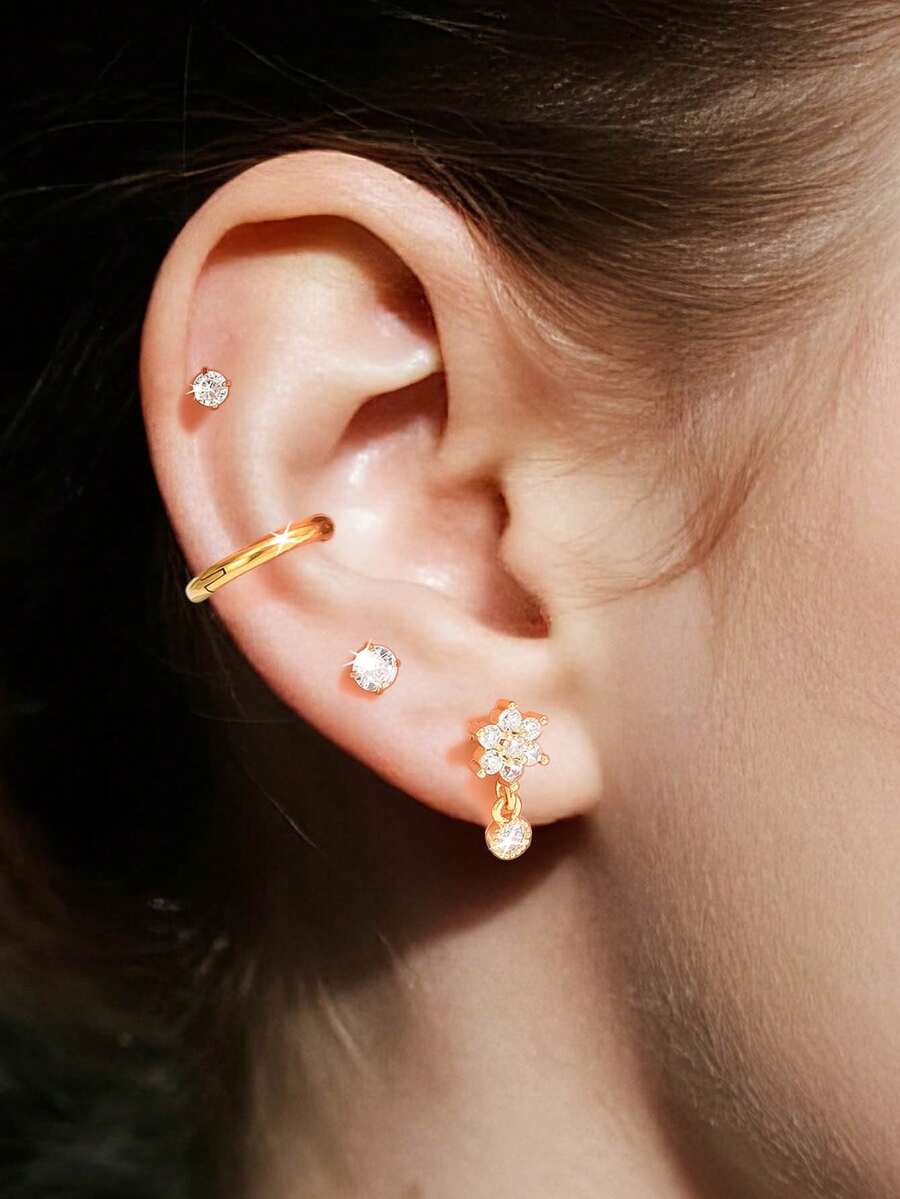 8/4 pièces Ensemble de boucles d'oreilles pour femmes, convient à tous les piercings d'oreille | Boucles d'oreilles à pendentif en zircone + anneaux pour cartilage, convient pour le bord de l'oreille, l'hélix, le lobe | Boucles d'oreilles à zircone scintillante en couches, cadeau pour usage quotidien, fête, vacances #Boucles d'oreilles en couches - Ensemble 4 - Voir 1
