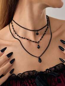 3pcs/Set Gothic Style Personalized Sweet And Cool Dark Rhinestone Black Blood Drop Tassel Necklace Choker For Women, Halloween Party Accessories, Halloween Gift For Friends - Black - View 10