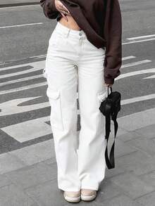 NVFelix Mẫu quần jeans ống đứng cạp cao dáng rộng mới năm 2026 dành cho nữ, phong cách đường phố Y2K thanh lịch, phù hợp cho mùa xuân/hè. - trắng - Xem 4