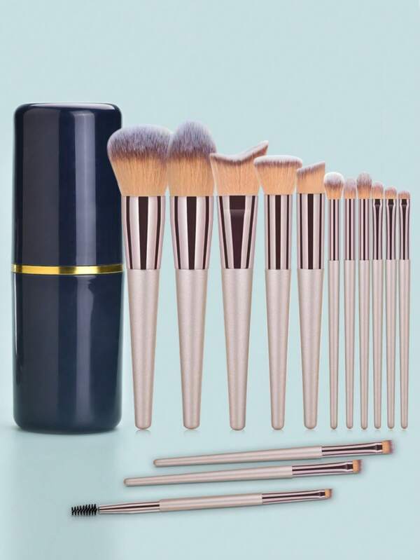 mulynsie 14 Pieces Of Champagne Gold Makeup Brushes, Professional Kabuki Makeup Brush Set, Including,Powder Brush, Blusher Brush, Contour Brushh, Flat Angle Brush, Foundation Make-Up Brush, Flame Brush, Nose Shadow Brush, Halo Brush, Eye Shadow Brush, Detail Brush, Concealer Brush, Lip Brush, Mixing Brush, Eyeliner Brush, Soft Brush, Makeup Travel Brush Set Beauty Tools,With Storage Cup ﻿